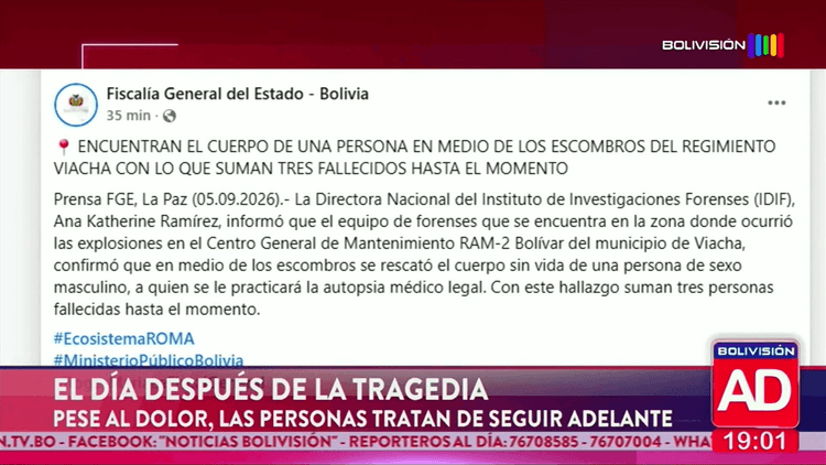 Fiscalía reportó un tercer fallecido por las explosiones registradas en Viacha
