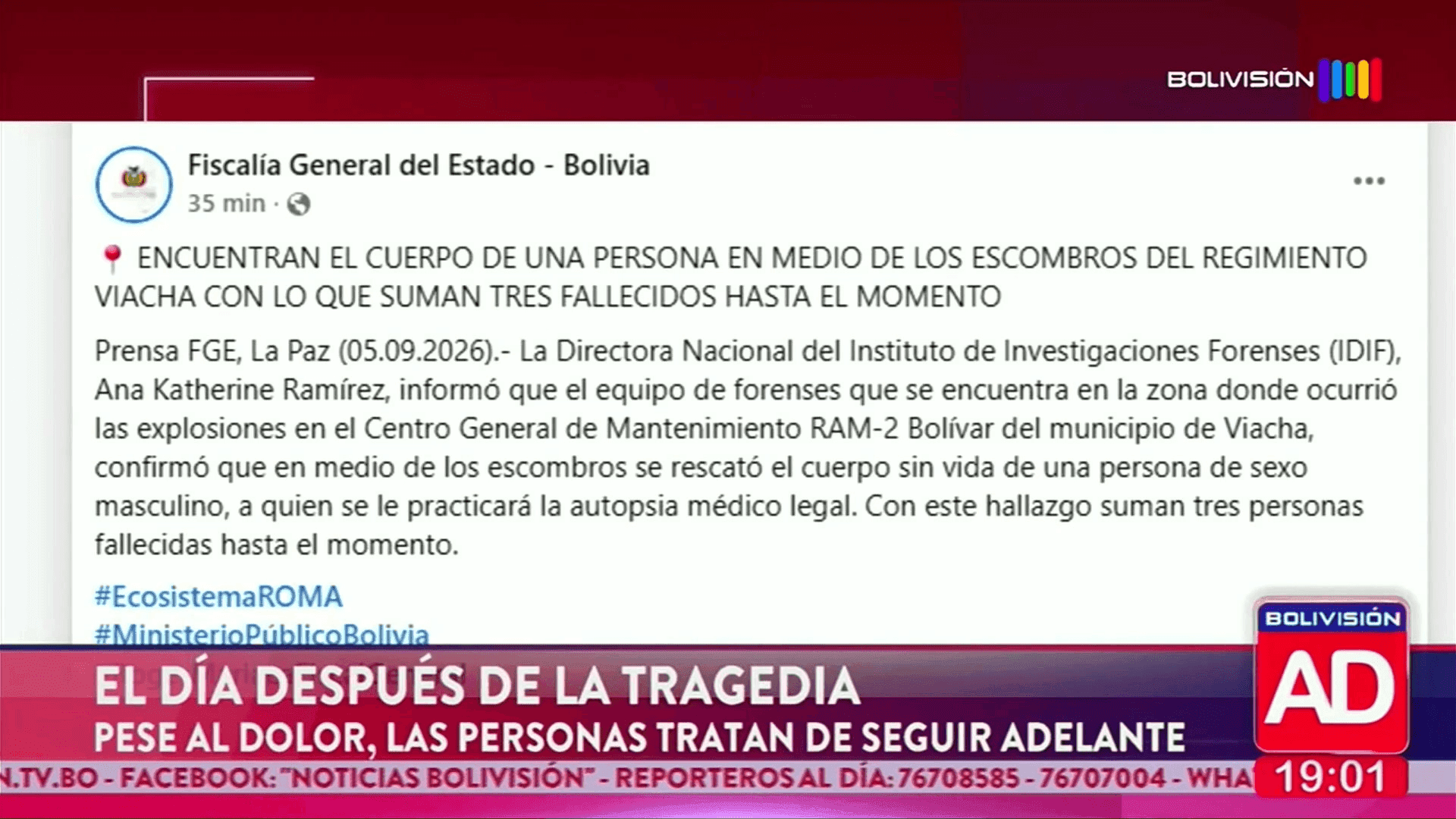 Fotografía de Fiscalía reportó un tercer fallecido por las explosiones registradas en Viacha